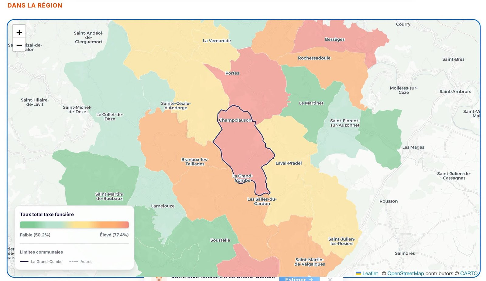 Carte du taux total de taxe foncière autour de La Grand-Combe (Filosofi) — La Grand-Combe est en rouge foncé.