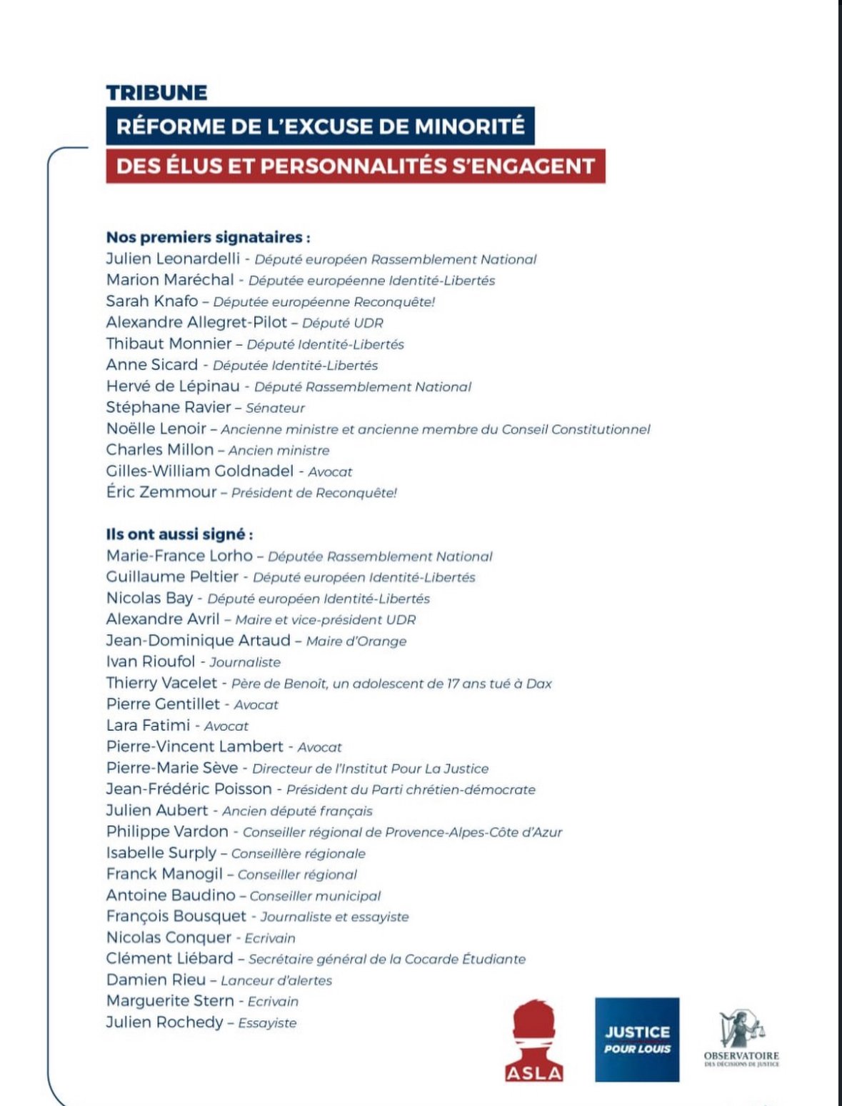 Tribune ASLA — Réforme de l’excuse de minorité : liste des premiers signataires (élus, juristes, personnalités)