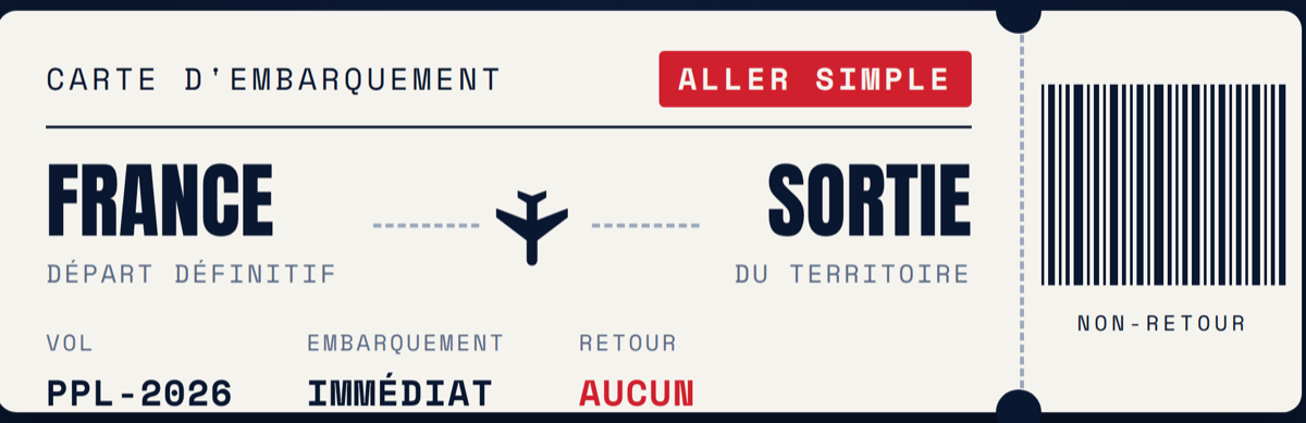 Carte d'embarquement, aller simple : France, départ définitif — sortie du territoire, retour aucun.